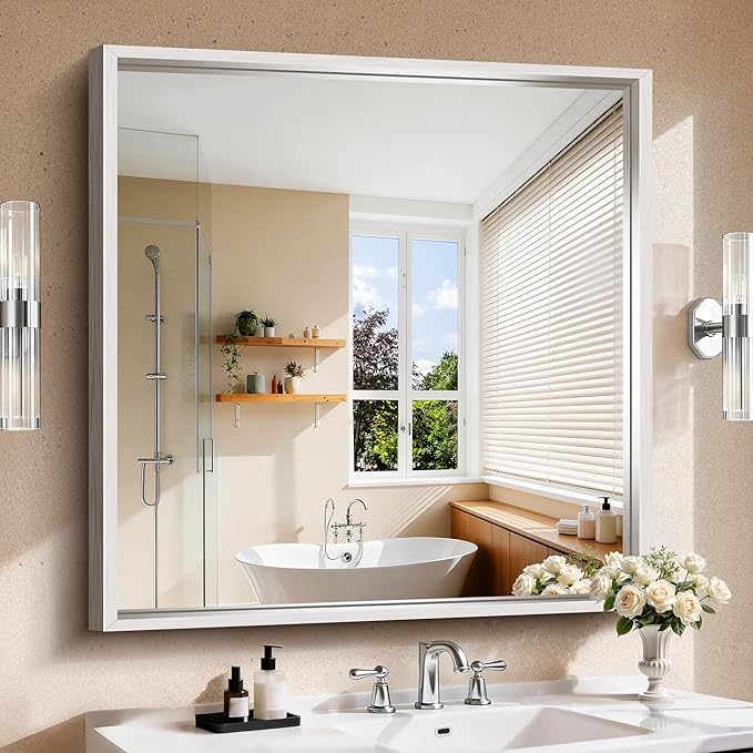 CIRCUMI 40"x40" Brushed Silver Mirror with Chunky Box Metal Frame, Bathroom Mirror for Vanity Remodel & New Home, Living Room, Entryway, Rectangular Wall Mirror, Tempered Glass, Vertical or Horizontal