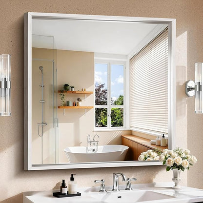 CIRCUMI 40"x40" Brushed Silver Mirror with Chunky Box Metal Frame, Bathroom Mirror for Vanity Remodel & New Home, Living Room, Entryway, Rectangular Wall Mirror, Tempered Glass, Vertical or Horizontal
