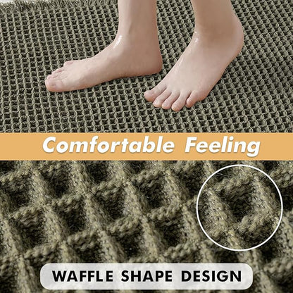 MIULEE Set of 2 Waffle Bathroom Runner Rugs, Boho Bath Rugs Non Slip, Super Absorbent Runner Bath Mats, Rubber Backed Shower Mats for Hallway Bedroom Laundry Room, Green, 2'x5'(24x60 Inch)