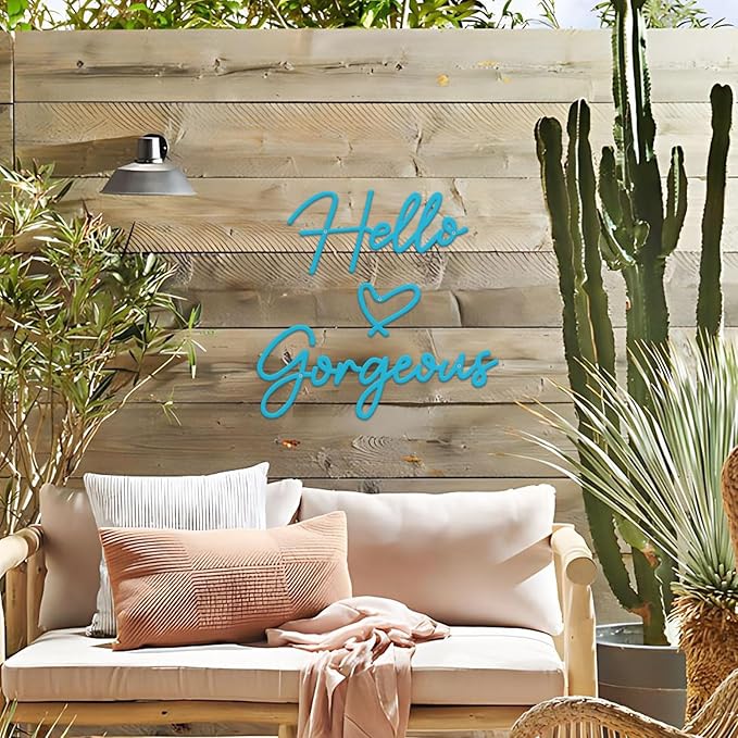 Hello Gorgeous Metal Wall Art Decor Black Modern Hello Gorgeous Signs Farmhouse Metal Wall Art Hanging Decoration for Home Bathroom Living Room Bedroom Office Hotel Wall Decoration (Blue)