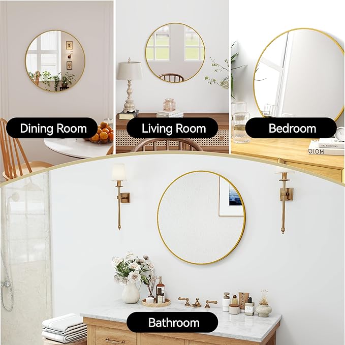 SCWF-GZ 24" Round Mirror Circle Wall Mounted Hanging or Against Wall Metal Frame Dressing Make-up Mirrors for Entryway Bedroom Bathroom Living Room 24 inch Gold