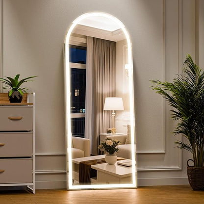 LED Arched Full Length Mirror with Lights 63"x20" - Lighted Floor Mirror with Dimming & 3 Color Lighting, Aluminum Frame Standing Leaning or Hanging for Bedroom Cloakroom White