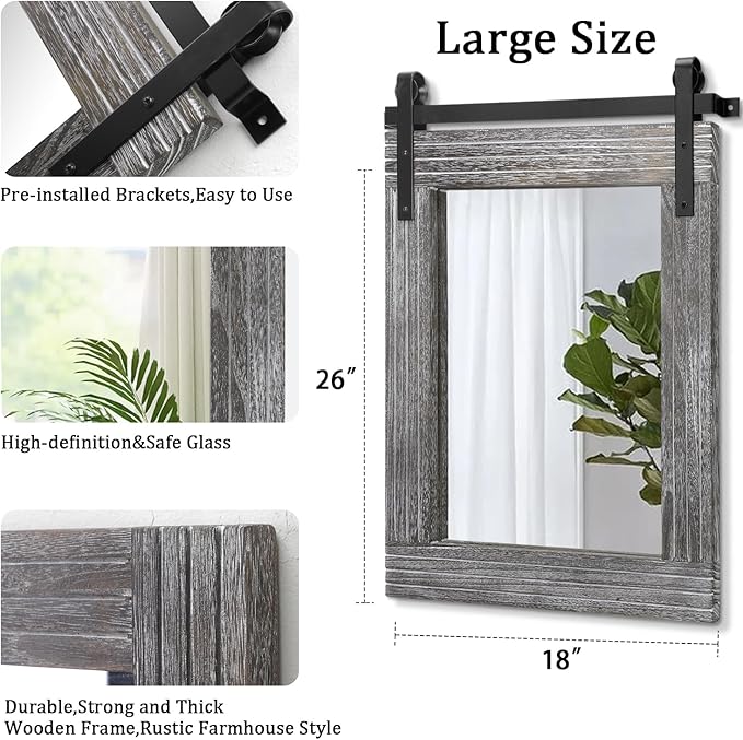 AAZZKANG Wall Mirror Large Rectangle Barn Door Mirrors with Wooden Framed Rustic for Bedroom Bathroom Living Room 26"x18"