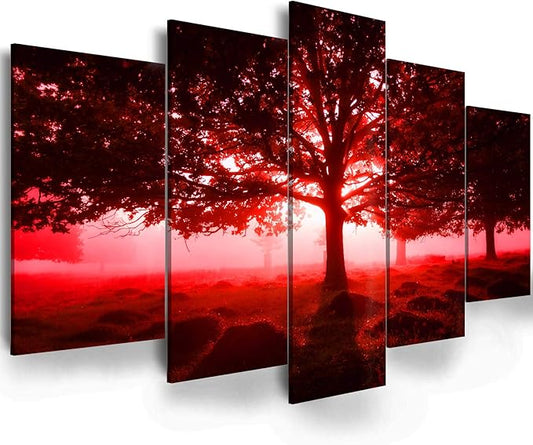 Ephany Modern Red Tree Wall Art - Landscape Picture Canvas Print, 80"x40" (5pcs) for Living Room Decorations