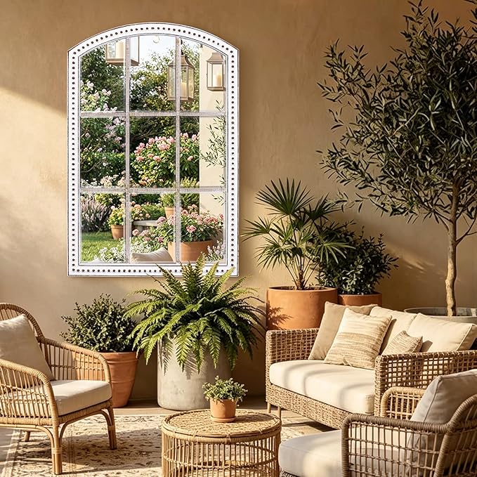 HOITUZYUS 36x24 Inch Arched Windowpane Wall Mirror Farmhouse Style, Rustic Decorative Mirrors for Living Room, Bedroom, Entryway, Hallway, Bathroom
