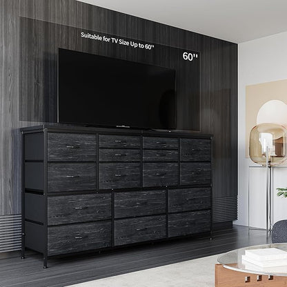 16 Drawers Long Dresser for Bedroom, 51"W Dressers with Power Outlets for 60"Inch TV for Living Room, Entertainment Center with Storage, Media TV Stand Console Table 51.1''W*11.8''D*34.8''H, Black