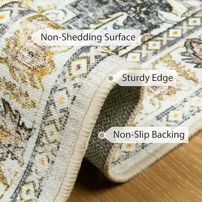 BESTSWEETIE 8x10 Area Rug Washable Rugs for Living Room, No Pile Boho Carpet for Entryway Bedroom Dinning Room, Vintage Carpet Print Distressed Non-Slip, 8 x 10 ft, Grey Brown