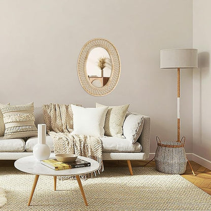 Oval Rattan Wall Mirror – 24x32 Inch Boho Elegance with Woven Frame, Decorative Mirror for Bathroom Vanity Entryway Living Room