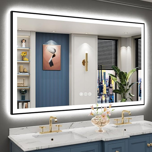 60x38 Black Framed LED Bathroom Mirror with Lights, Backlit and Front Lit Anti-Fog Lighted Vanity Mirrors for Bathroom Wall, Dimmable, 3 Colors, Memory, HD Tempered Glass, Horizontal/Vertical