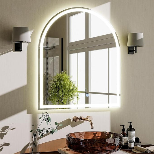 BEAUTYPEAK 34x30 LED Arch Bathroom Mirror with Lights, Anti-Fog, Dimmable, Backlit + Front Lit, Lighted Bathroom Vanity Mirror for Wall, 3 Colors, Memory Function, Tempered Glass, Shatter-Proof