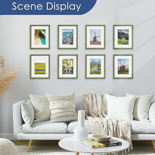 PEALSN 8x10 Picture Frame Set of 6, Display Pictures 5x7 with Mat or 8x10 without Mat for Wall Mounting or Table Top Display, Photo Frames Collage for Wall Decor, Green Woodgrain