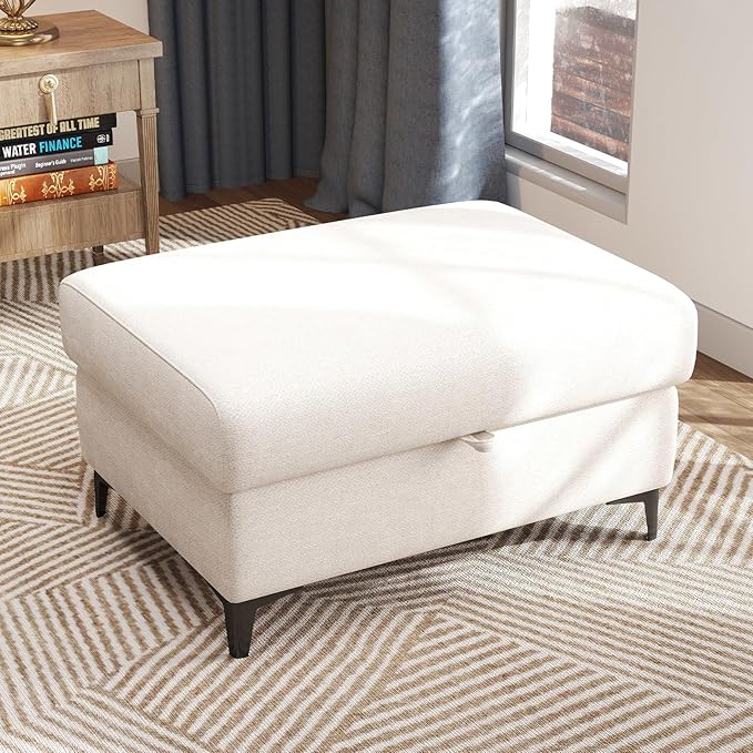 Upvilla 35" Large Storage Ottoman for Living Room, 7.8" Deep Seat Rectangular Ottoman Foot Rest for Couch, Chenille Storage Footstool Load 350 lb （Beige）