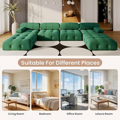 138'' Modular Green Sectional Couch, U-Shaped Velvet Sofa with Reversible Chaise Ottoman, Minimalist 6-Seat Bubble Sofa, Modern Cloud Sectional Couches for Living Room, Apartment (6 Seats,Green)