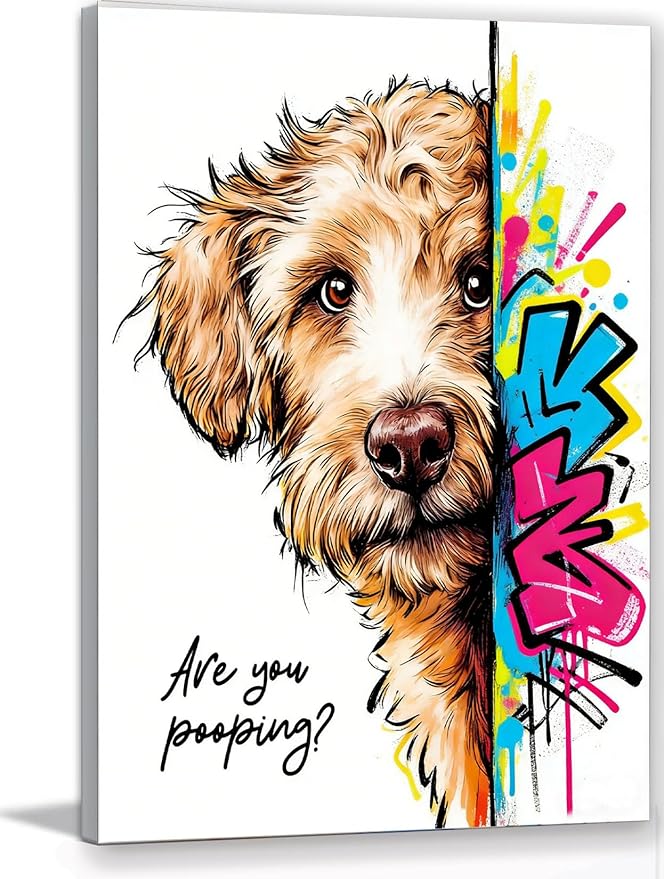 16x24“ Funny Goldendoodle Dog Bathroom Wall Art Painting, "Are You Pooping?" Graffiti Pet Canvas Print, Humorous Restroom Poster Decor for Washroom Bathroom Toilet, Modern Pop Art Dog Lover Gift (Framed)