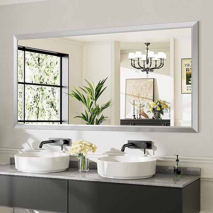 72x36 Inch Brushed Silver Bathroom Mirror for Wall, Thick Metal Framed Rectangle Mirrors for Over Sink, Bedroom, Living Room, Entryway, Anti-Rust, HD Tempered Glass