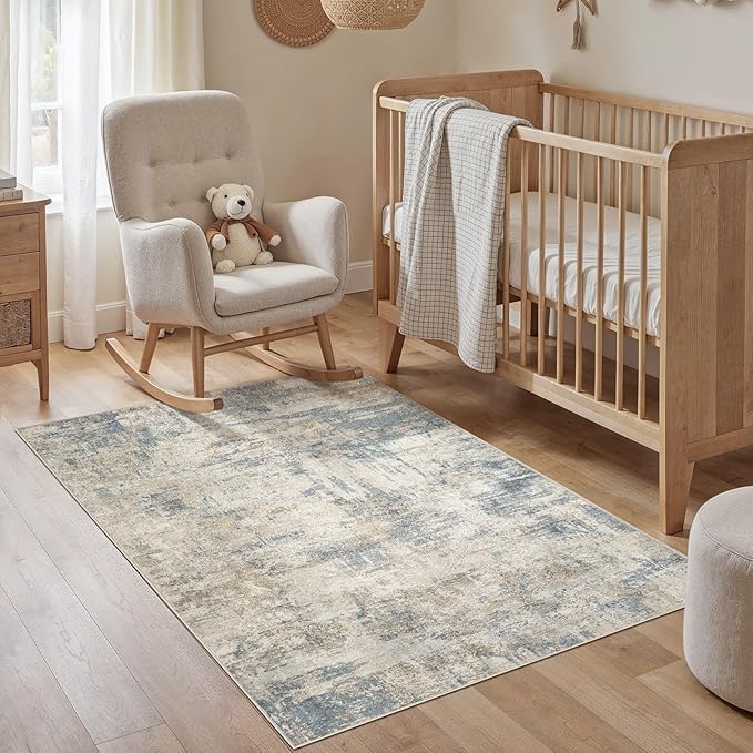 cotiled 3x5 Area Rugs for Living Room - Washable Neutral Abstract Carpet Non Slip Soft Rug for Bedroom & Dining Table, Robot Vacuum & Pet Friendly Floor Decor Grey Light Blue