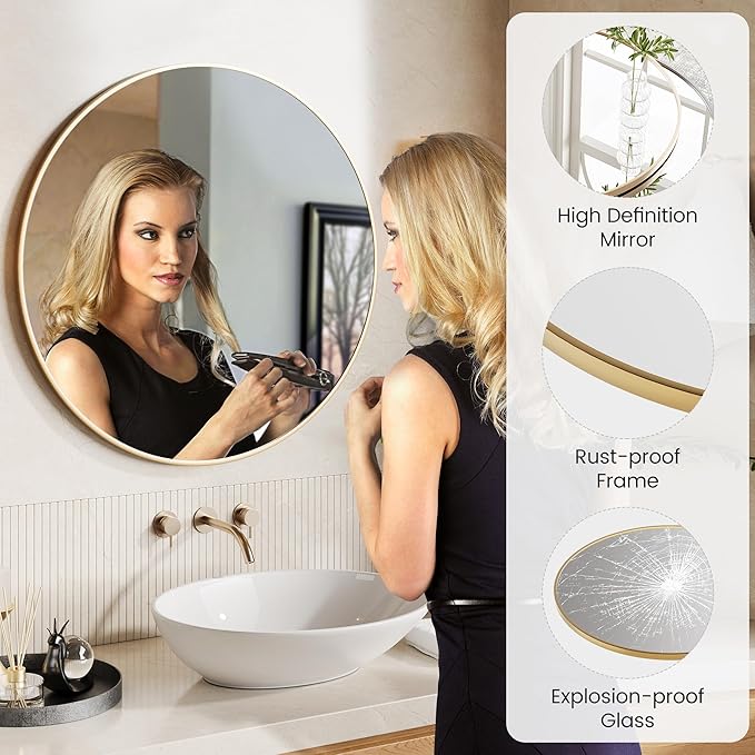 30" Gold Round Mirror for Wall, Large Circle Bathroom Mirror for Over Sink, Matte Gold Metal Frame, HD Eco-Friendly Glass, Contemporary Vanity Mirror for Entryway Hallway Living Room Home Decor, Easy