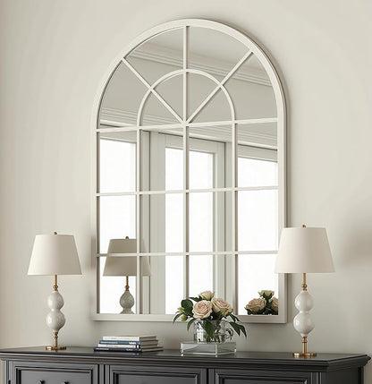 Arch Wall Mirror Mounted Decorative, 30"x42", Arched Window Pane Mirror for Wall-Mounted for Entryway, Bathroom Vanity, Living Room or Bedroom, Iron Frame, White