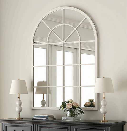 Arch Wall Mirror Mounted Decorative, 30"x42", Arched Window Pane Mirror for Wall-Mounted for Entryway, Bathroom Vanity, Living Room or Bedroom, Iron Frame, White