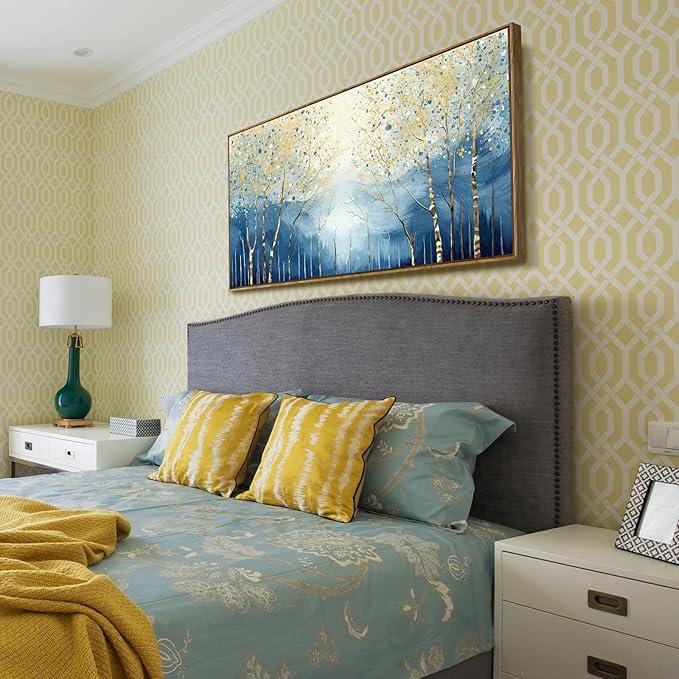 Large Framed Modern Living Room Canvas Wall Art, Abstract Plant Landscape Print Picture, Blue And Yellow Birch Forest Art Decor For Bedrooms, Dining Rooms, Balconies, Entryways, And Offices. 48X24 Inches.