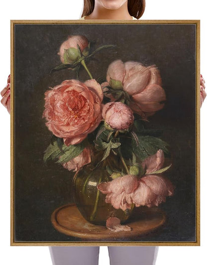 Pyradecor Vintage Framed Wall Art Large Living Room Decor Pfingstrosen Canvas Prints Classical Floral Painting for Bedroom Farmhouse Office Decorations