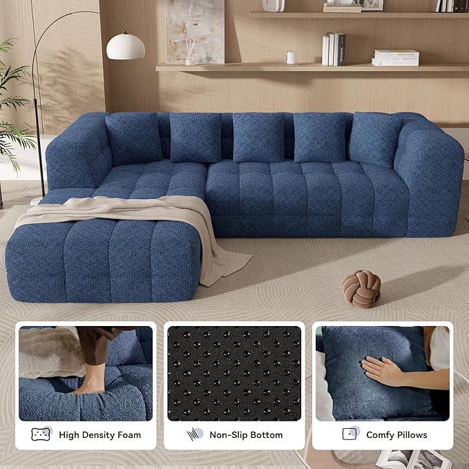 107" Modern Boneless Couch with L - Shaped Chaise, Comfy Chenille Modular Sectional Sofa with Tufted Design, Deep Seat Upholstered Sofa Bed, No - Assembly Sectional Couch, Blue
