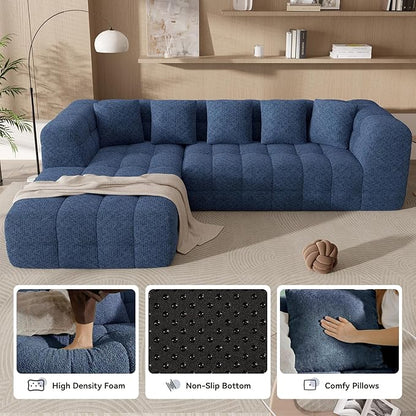 107" Modern Boneless Couch with L - Shaped Chaise, Comfy Chenille Modular Sectional Sofa with Tufted Design, Deep Seat Upholstered Sofa Bed, No - Assembly Sectional Couch, Blue
