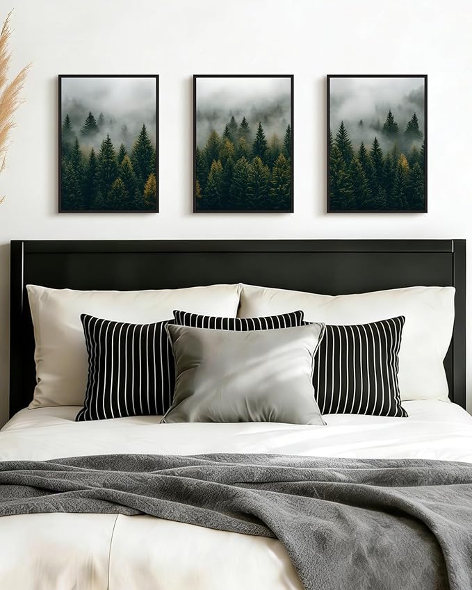 Drsoum Fog Pine Tree Landscape Wall Art Framed Nature Misty Nordic Forests Prints Morden Farmhouse Rustic Artwork Hallway Bathroom Ready to Hang 11x14in Black Framed