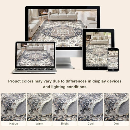 Washable 3x8 Runner Rugs: Non Slip Vintage Blue Beige Area Rugs for Living Room, Large Soft Stain Resistant Indoor Floor Carpets for Bedroom Dining Room Nursery Home Office Kid & Pet Friendly