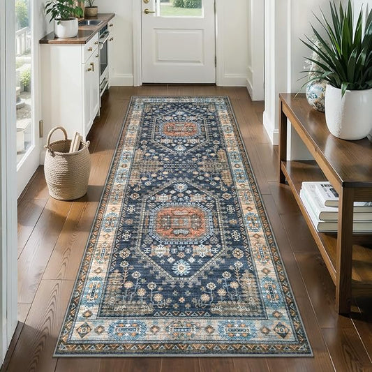Tangsoo Vintage Geometric 2x6 Washable Runner Rug for Hallways,Blue Orange Non-Slip Rubber Backing Mat Non-Slip Low Pile Long Rug Runner for Kitchen Bedroom Entryway Laundry