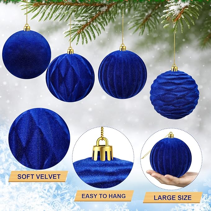 Liliful 12 Pcs Velvet Christmas Ornaments Balls, 4 Inch Flocked Plastic Christmas Tree Ball Shatterproof Hanging Ornaments Decorations for Xmas Tree Vintage Holiday Rustic Home Decor(Blue)