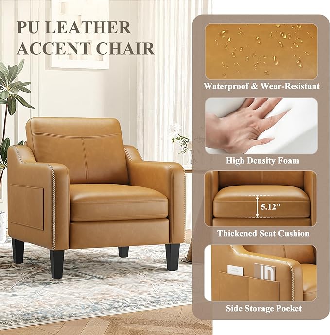MALOL PU Leather Accent Chair Set of 2, Mid-Century Modern Living Room Armchair Sofa with Removable Cushions, Solid Wood Frame & Stitched Armrest Design, Bedroom Chair with Plastic Legs, Brown
