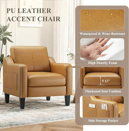 MALOL PU Leather Accent Chair Set of 2, Mid-Century Modern Living Room Armchair Sofa with Removable Cushions, Solid Wood Frame & Stitched Armrest Design, Bedroom Chair with Plastic Legs, Brown