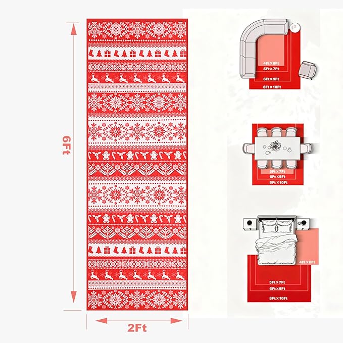 2x6 Hallway Runner Rug, Washable Non Slip Snowflake Print Design, Entryway Vintage Soft Kitchen Laundry Runner Rugs, Indoor Farmhouse Home Decor Carpet for Living Room Bedroom Dining Room, Red