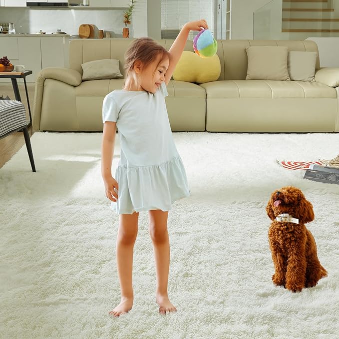 Ultra Soft Rug for Living Room, 3X5 Fluffy Shag Area Rug for Bedroom, Modern Shaggy Carpets Fuzzy Rug for Teens Dorm Nursery Home Decor Aesthetic, Upgrade Anti-Skid Durable, Cream White