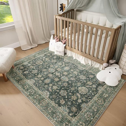 Washable 5x7 Area Rugs for Living Room, Boho Non-Slip Vintage Rugs for Bedroom Dining Room Nursery Office, 0.3" Neutral Oriental Throw Thin Carpet with Cushioning Pad, Sage Green/Multi, E1