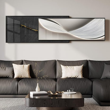 Extra Large Framed Modern Abstract Wall Art for Living Room, Set of 2 Long Horizontal Prints Paintings, Minimalist Black and White Pictures for Hallway Bedroom Dining Room Office Wall Decor