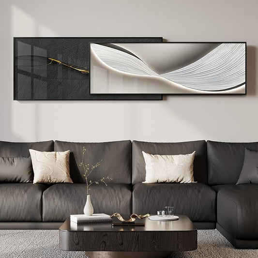 Extra Large Framed Modern Abstract Wall Art for Living Room, Set of 2 Long Horizontal Prints Paintings, Minimalist Black and White Pictures for Hallway Bedroom Dining Room Office Wall Decor