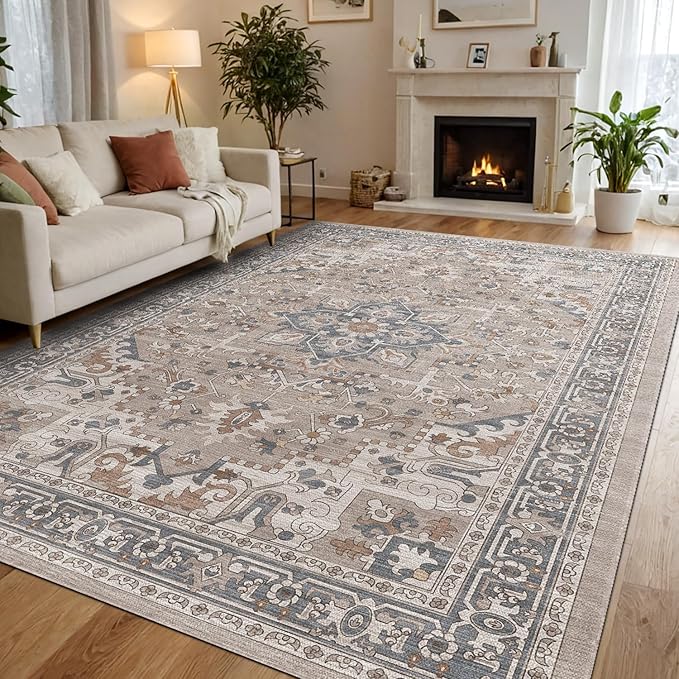 DEXI Area Rugs for Living Room, Washable Low Pile Vintage Traditional Rug for Bedroom, Non Slip Indoor Carpet for Dining Office Nursery, 5x8, Beige Blue