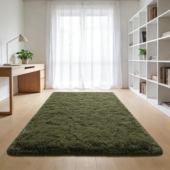 Andecor Shag Area Rug for Living Room, 3x5 Feet Olive Green Soft Fluffy Indoor Plush Throw Rugs for Bedroom Girls Kids Room Nursery Dorm Home Decor Carpet