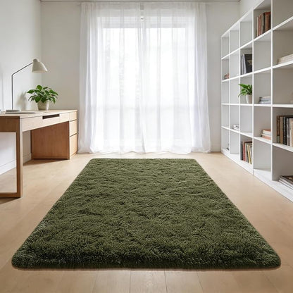 Andecor Shag Area Rug for Living Room, 3x5 Feet Olive Green Soft Fluffy Indoor Plush Throw Rugs for Bedroom Girls Kids Room Nursery Dorm Home Decor Carpet