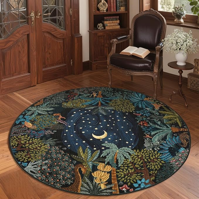 GarveeHome Round Area Rugs 4ft for Kids Room, Green Jungle Washable Circle Rug Soft Non Slip Forest Animal Print Floor Mat Tiger Carpet Indoor Thin Tent Rug for Bedroom Dining Room Playroom Nursery