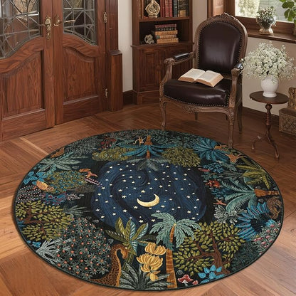 GarveeHome Round Area Rugs 4ft for Kids Room, Green Jungle Washable Circle Rug Soft Non Slip Forest Animal Print Floor Mat Tiger Carpet Indoor Thin Tent Rug for Bedroom Dining Room Playroom Nursery