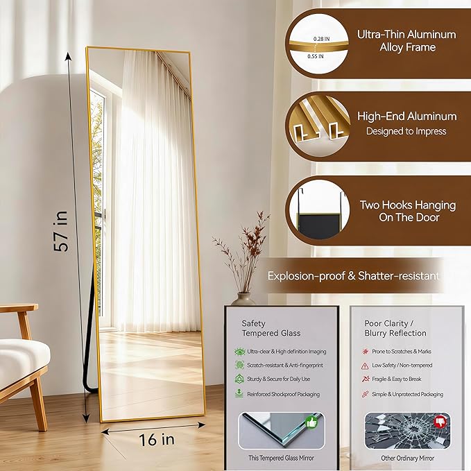 NARCISSUS 57x16 Mirror Door Hanging Full Length Body with Floor Stand or Wall Mounted Metal Aluminum Frame Tempered Glass Rectangle Mirrors for Bedroom Dressing Living Room Bathroom 57 inch Gold
