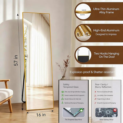 NARCISSUS 57x16 Mirror Door Hanging Full Length Body with Floor Stand or Wall Mounted Metal Aluminum Frame Tempered Glass Rectangle Mirrors for Bedroom Dressing Living Room Bathroom 57 inch Gold