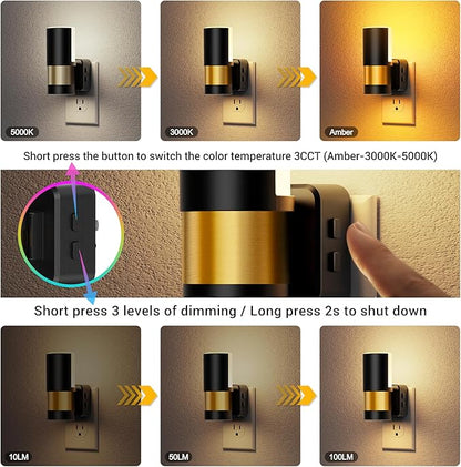 JandCase Plug in Night Light, Rotating Night Light with 3 Colors, 3000K/5000K/Amber, Dimmable Night Lights with Dusk to Dawn Sensor, 360°Rotatable, LED Nightlight for Bathroom Bedroom Hallway, 2 Pack