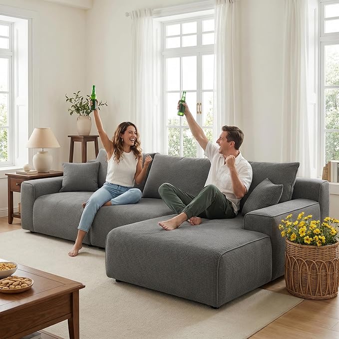 Homkdom L-Shaped Cloud Boneless Couch with Deep Seat, Modular Sectional Sofa with Oversized Chaise, 6 Layouts Combination for Living Room, Apartment, No Assembly (Grey Check, Right Facing Chaise)