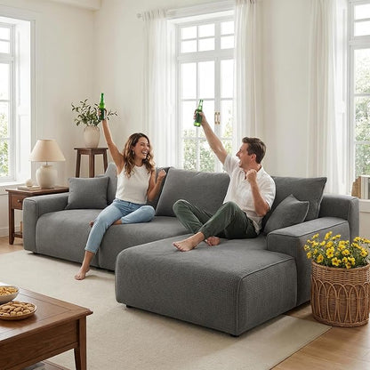 Homkdom L-Shaped Cloud Boneless Couch with Deep Seat, Modular Sectional Sofa with Oversized Chaise, 6 Layouts Combination for Living Room, Apartment, No Assembly (Grey Check, Right Facing Chaise)