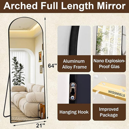 21" x 64"Arched Full Length Mirror - Wall Mounted Floor Mirror- Aluminum Alloy Frame Full Body Mirror for Bathroom Living Room Bedroom and Entryway Black