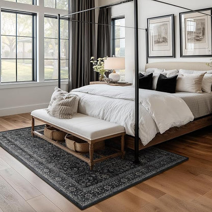 Washable Dark 5x8 Area Rugs, Vintage Farmhouse Earth Tone Carpet for Living Room Bedroom, Low Pile Thin Rug with Non Slip Rubber Backing for Dining Room Kitchen Home Office